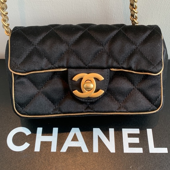 CHANEL Rare Mini Black Matte Gold Satin Leather Quilted Crossbody Vintage Bag🖤 - Picture 1 of 16